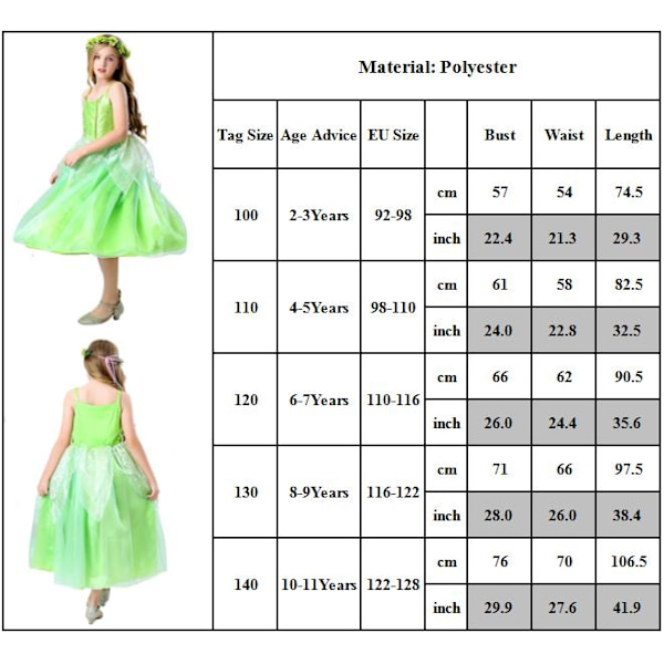Kid Girl Halloween Peter Pan Tinker Bell Fairy Cosplay mekko 100cm