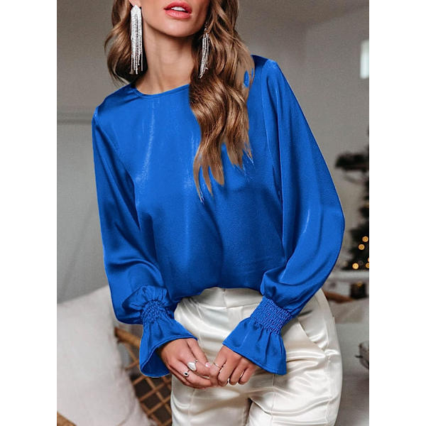 HAUFR Gensere for kvinner Dressy Uformell, rund hals Ruffle Bubble Langermede skjorter Solid sateng bluser XX-Large Blue Blue