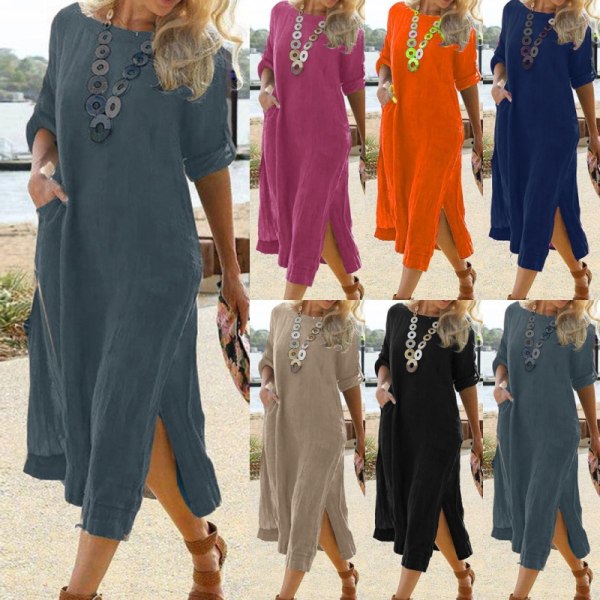 Kvinnor Roll Tab Sleeve Long Dress Solid Summer Beach Sundress Black XL