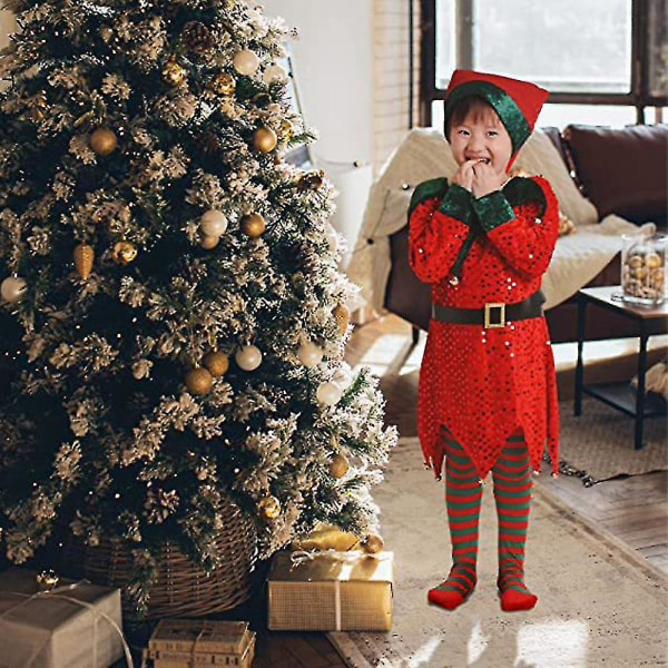 Jultomte Elf Cosplay Paljettklänning Leggings Outfits För Barn Flickor Xmas Party Fancy Dress Up Dräktpresent7*8 årRöd