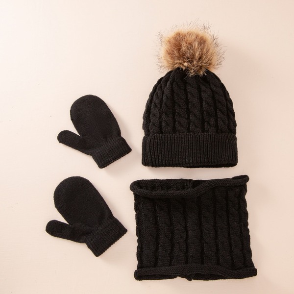 Beanie Hat Handskar Set *Pom Pom Bobble Hat Color Woolen Hats Black