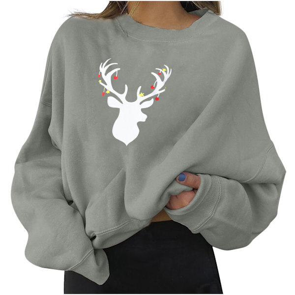 Ladie Casual Christmas Älg Print Pullover Långärmad Sweatshirt Grey XL