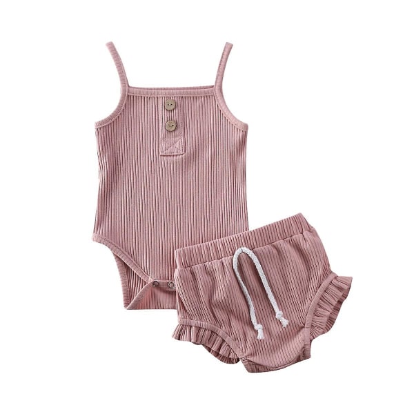 Knitted Crop Tops & Shorts Outfits Sleeveless Clothing Set - Pink 6 to 12 Months