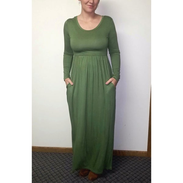 Dame Maxikjoler Rund Hals Kjole Langærmet Swing Ensfarvet Græsgrøn 0 Grass Green L