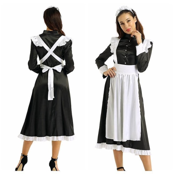 3 Stk Kvinder Voksen Maid Cosplay Kostume Outfit Lang Kjole med Forklæde og Hovedstykke til Fest S