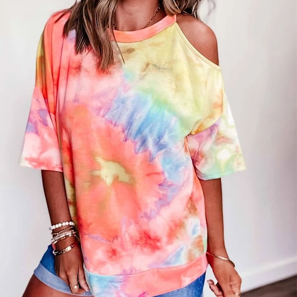 Dam T-shirt Tie-dye printed lös topp kalla axelblus Orange S