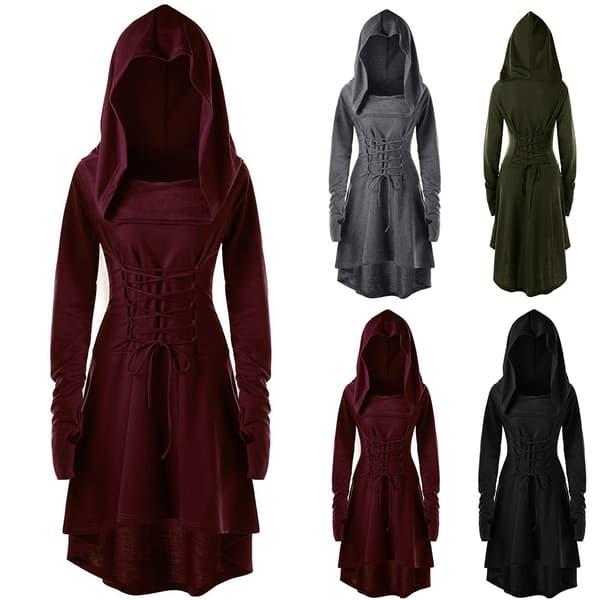 Hættekjole til kvinder med blonder til Halloween Cosplay-kappe Grå M black L