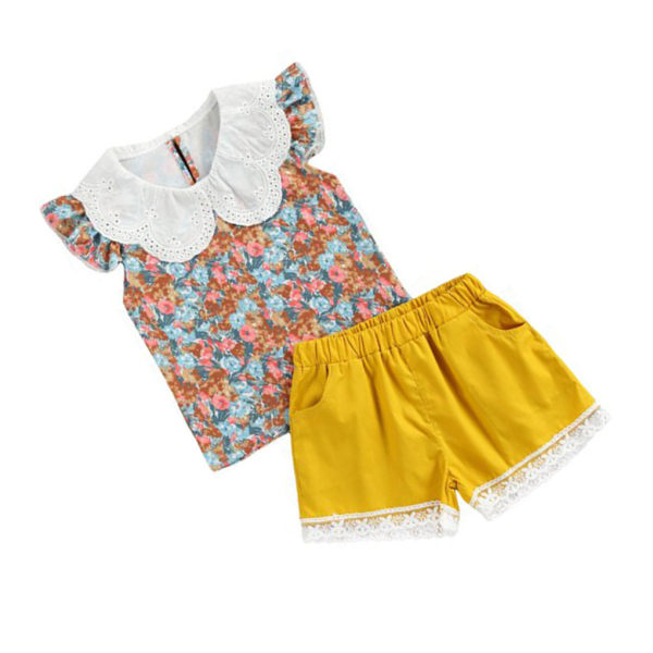 2 kpl Baby Summer Outfit Tyttö Printed Ruffle Top Lace shortsit Yellow 120cm