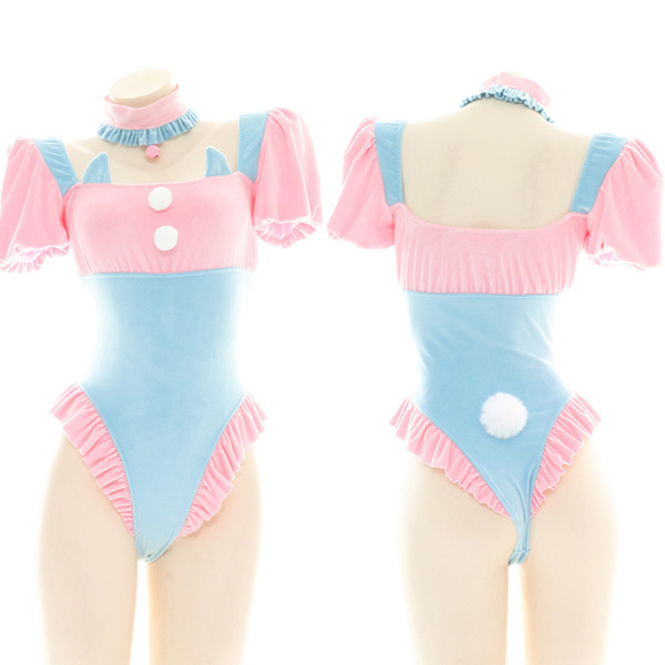 One Piece Bunny Girl Body Sexy Uniform Kanin Undertøy Lolita Blå Rosa Puff Sleeve Body Kanin Cosplay kostyme