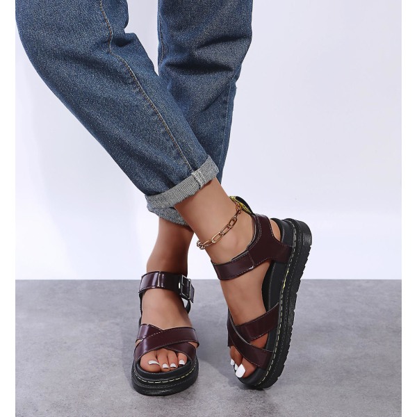 Sommer chunky sandaler til kvinder med tyk sål Strappy Flatforms Sko Red Brown EU 41