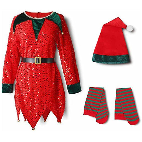 Julemand Elf Cosplay Pailletkjole Leggings Outfits Til Børn Piger Julefest Fancy Dress Up Kostumegave 7*8 År Rød