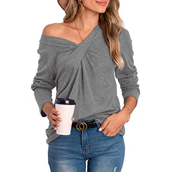 Dame top efterår afslappet pullover skjorte V-hals ensfarvet bluse Long Sleeve XL