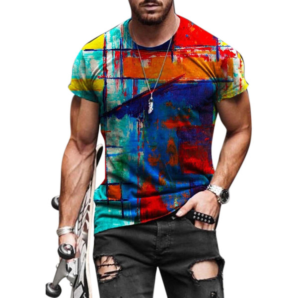 Kortærmet abstrakt print til mænd - sommer afslappet skjorte - endda M