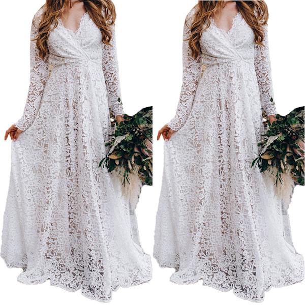 Kesäinen V-kaula, pitkähihainen läpinäkyvä häntämekko, pitkä mekko White XL
