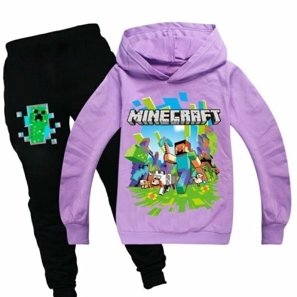 Børn Drenge Minecraft Hættetrøje Træningsdragt Sæt Langærmede Hættetrøjer H Lilla purple 3-4 years (120cm)