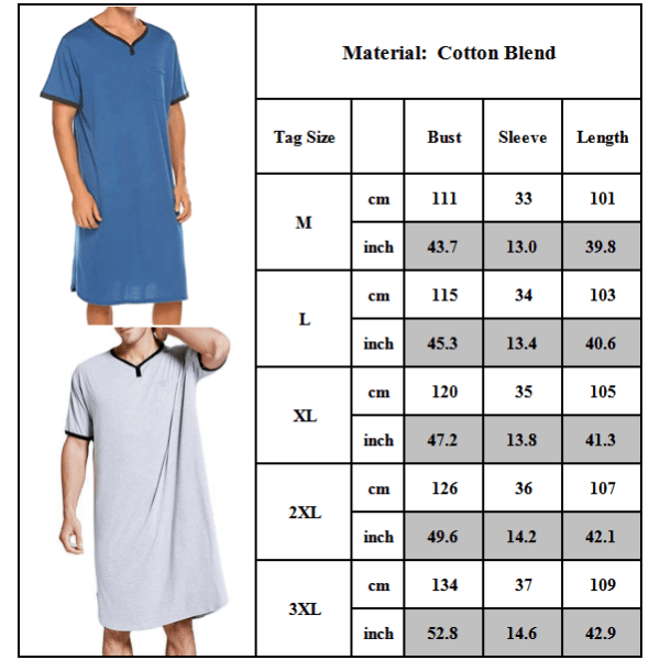 Sovkläder för män Lång nattskjorta, kortärmad, nattkläder Royal blue M