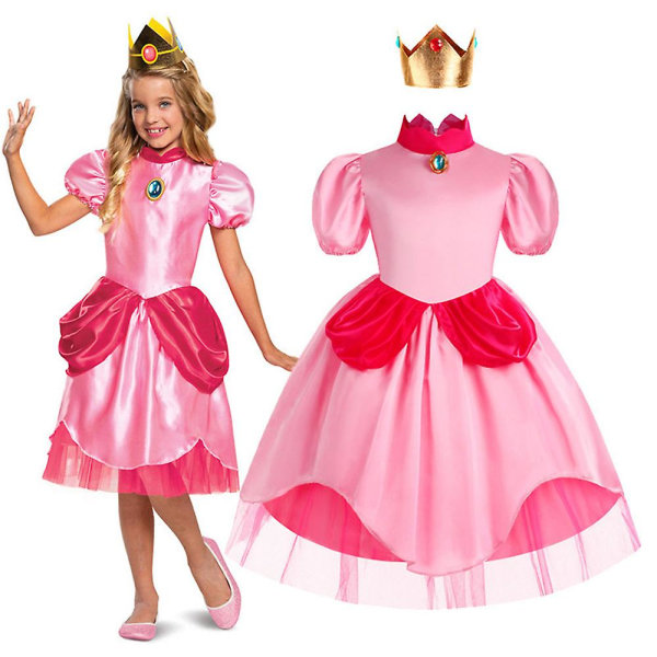 Super Mario Princess Peach Cosplay Rosa prinsessklänning med krona för barn Flickor Klä upp till Halloween-födelsedagsfest 5-6 Years