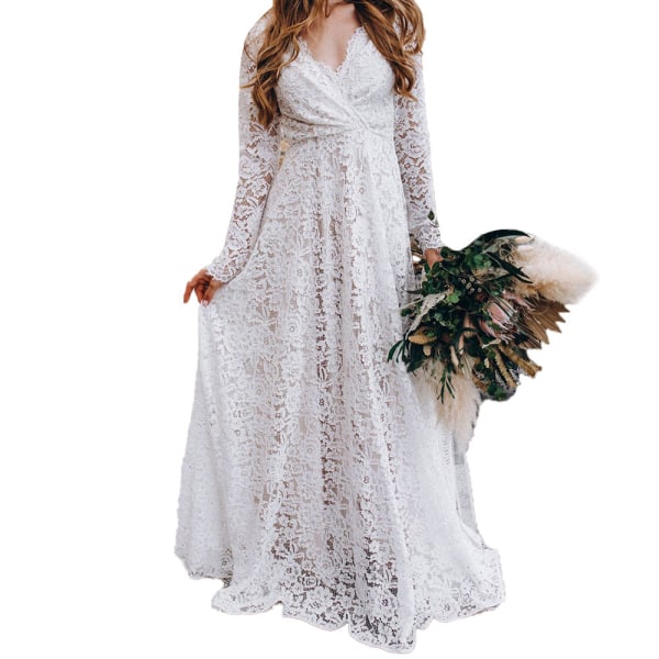 Sommer V-hals Langermet Transparent Halekjole Lang kjole White M