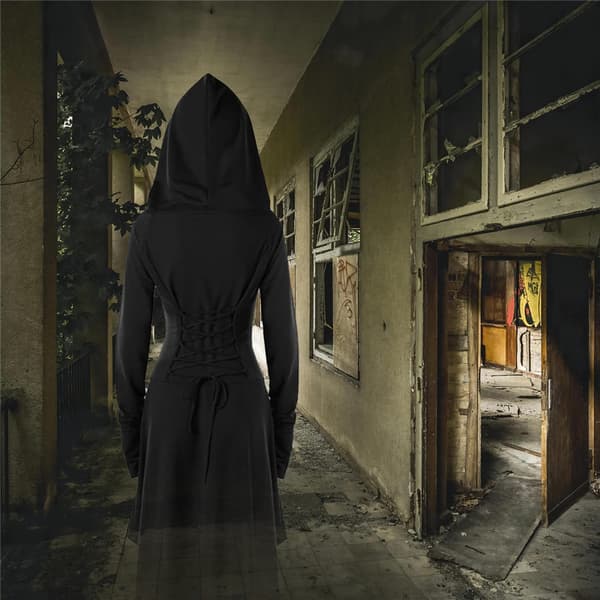 Hættekjole til kvinder med blonder til Halloween Cosplay-kappe Grå M black 2XL