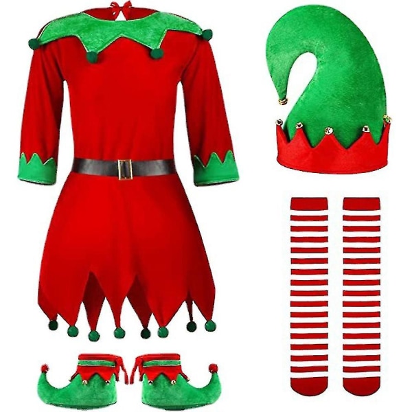 Jullov Elf Cosplay Dräkt Outfit För Barn Barn Flickor Xmas Cosplay Outfits Klänning Strumpor Skor Hatt Fancy Dress Up 6-7 Years