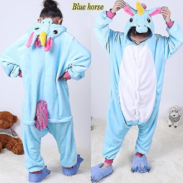 Barn Onesie Flanell Pyjamas Tegneserie Dyrefigur Kostyme Med hette Vinter Hjem Kostyme For Blue Sky Horse