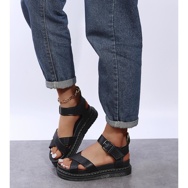 Sommer chunky sandaler til kvinder med tyk sål Strappy Flatforms Sko Black EU 39