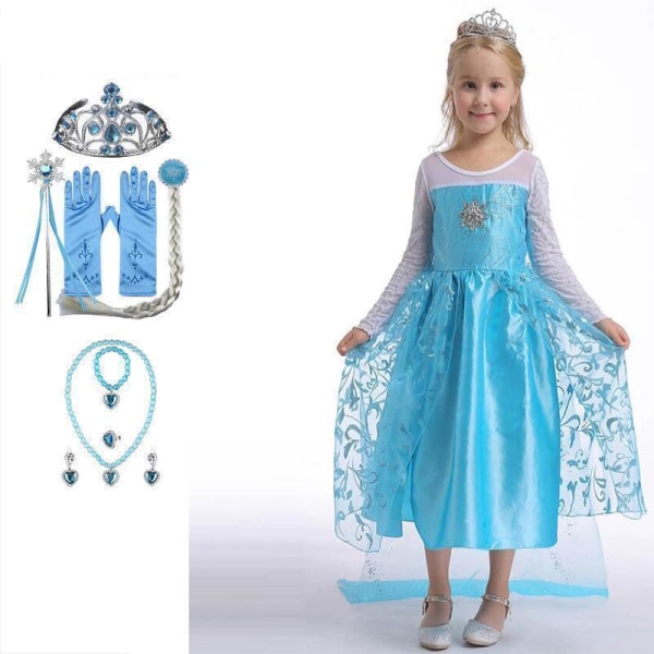 Elsa prinsessekjole +8 ekstra tilbehør LightBlue 130  cm