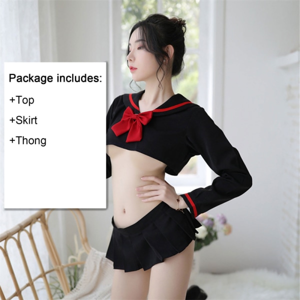 Sløjfe Cosplay Kostume JK Uniform Lolita Mini Top Nederdel Erotisk Rol Top+Skirt+Thong