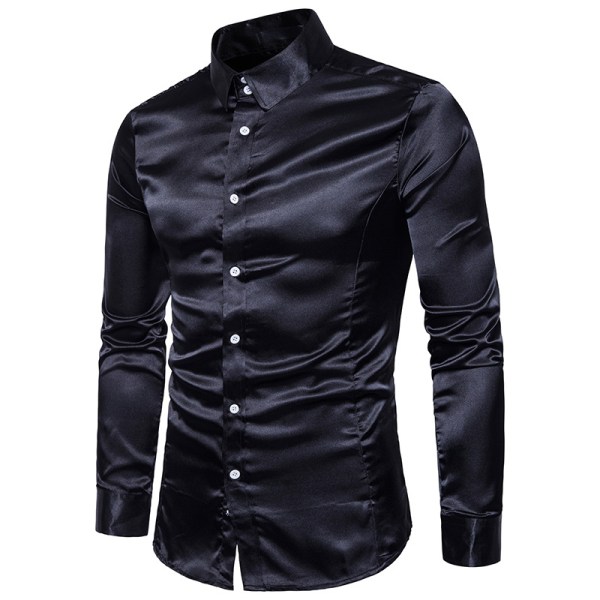 Långärmade skjortor med knapp för män Glänsande långärmade skjortor Black XL