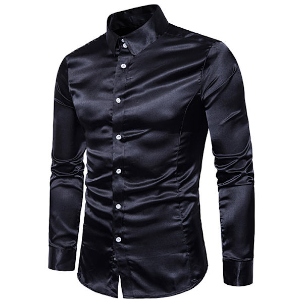 Langermede skjorter med knapper for menn Skinnende langermede skjorter Black XL
