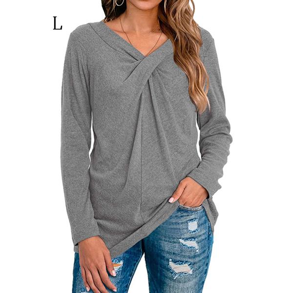 Dame top efterår afslappet pullover skjorte V-hals ensfarvet bluse Long Sleeve L