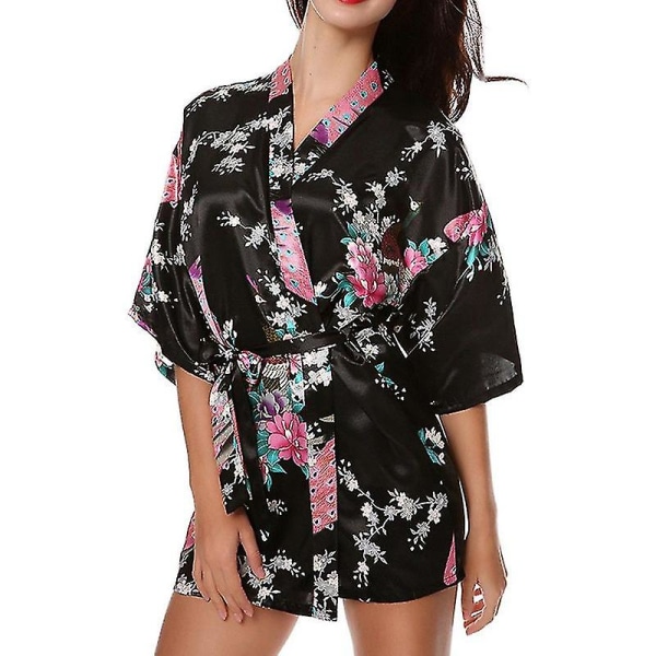 Kvinnor Blommig Siden Satin Kimono Robe Klänning Sovkläder Badrock Black M