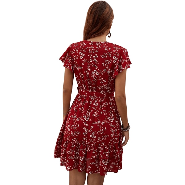 HAUFR Kvinders Sommer Polka Dots V-hals Flæser Cap Sleeve A Line Mini Kjole Burgundy Small