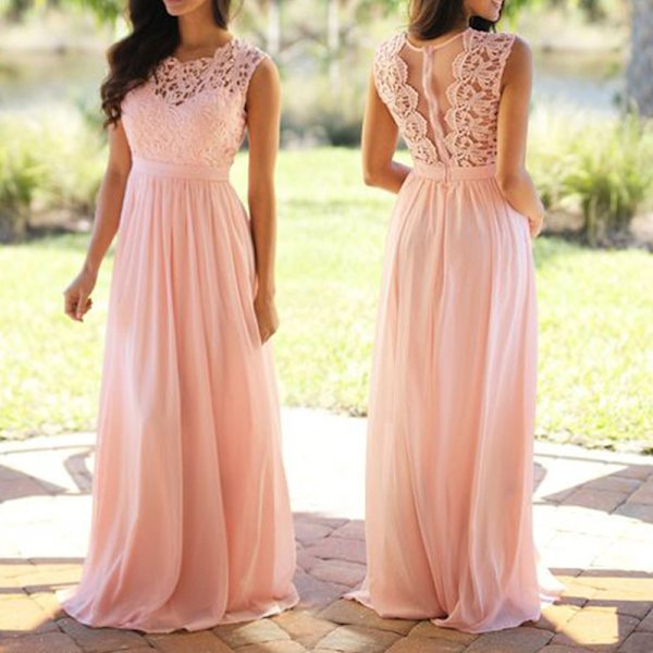 Ærmeløse Damer Sexet Bryllupsbrudepige Lange Kjoler Elegant Pink XXL