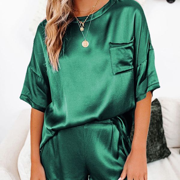 2 stk Kvinder Pyjamas Sæt Kortærmet Sommer Nattøj Dark Green M