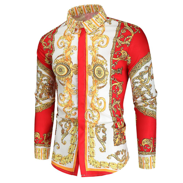 Herre Royal Shirt Print Lapel Luxury Slim Shirt Business Langærmet Fit Toppe Til Prom CNMR Red 3XL