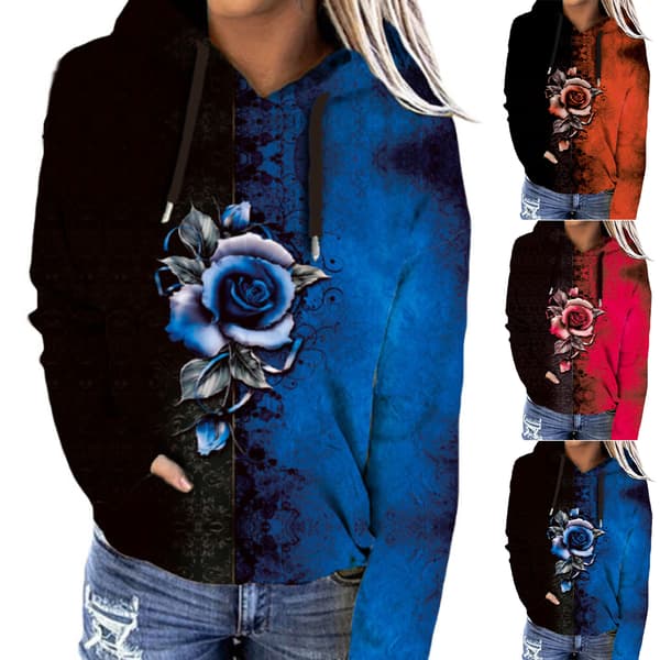 Rose print hettegenser for kvinner, vintergenser blue S