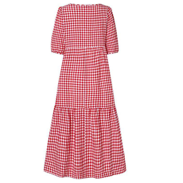 Sommerrutet Puffy kortermet midikjole for kvinner Red,XXL