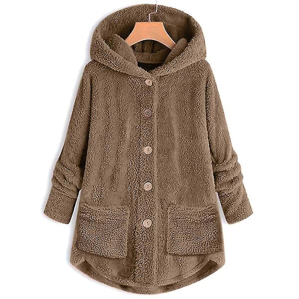 Teddybjörnsjacka med huva för kvinnor Solid W Khaki Khaki M