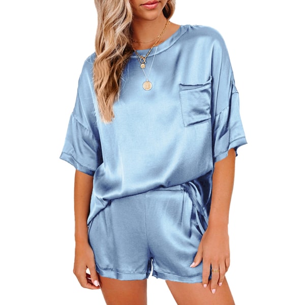 2 stk Kvinder Pyjamas Sæt Kortærmet Sommer Nattøj Sky Blue L
