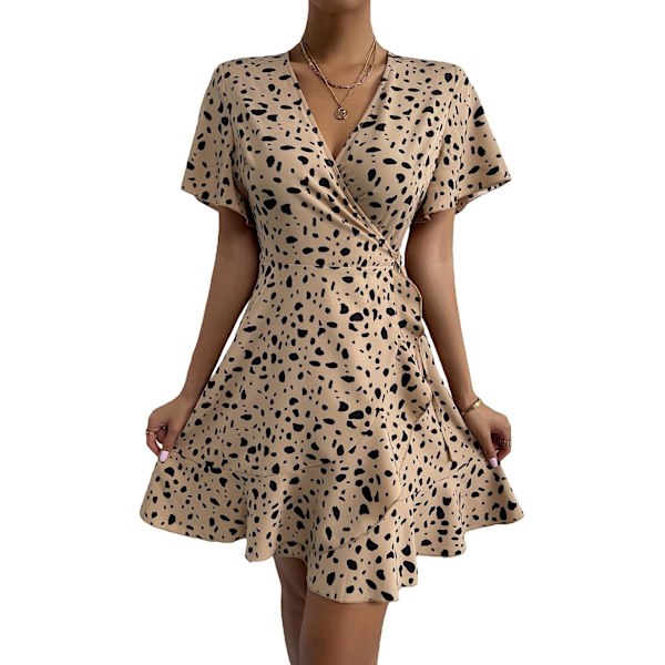 HAUFR Kvinders Sommer Polka Dots V-hals Flæser Cap Sleeve A Line Mini Kjole Khaki Large