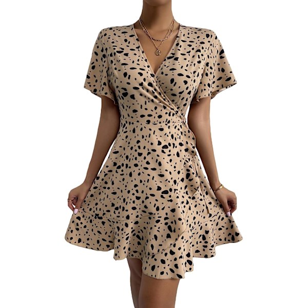 HAUFR Kvinders Sommer Polka Dots V-hals Flæser Cap Sleeve A Line Mini Kjole Khaki X-Small