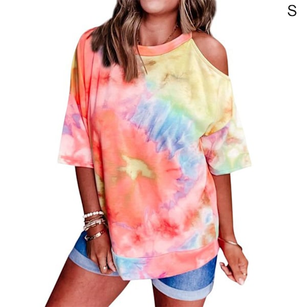 Naisten T-paita Tie-dye painettu löysä toppi kylmä olkapääpusero Orange S