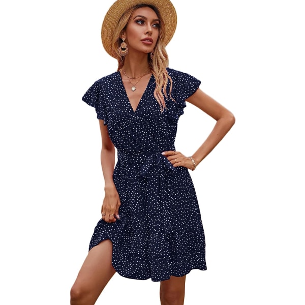 HAUFR Naisten kesäinen polka Dots V-pääntie röyhelöt Cap Sleeve A Line Mini mekko Navy Blue Large