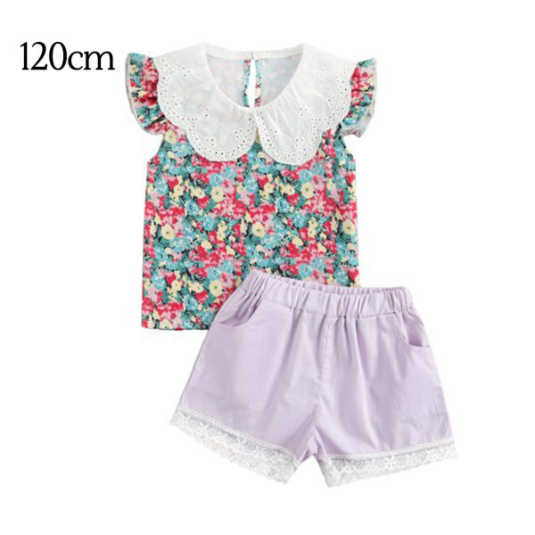 2 stk Baby Summer Outfit Girl Printed Ruffle Top Blonde Shorts Purple 120cm
