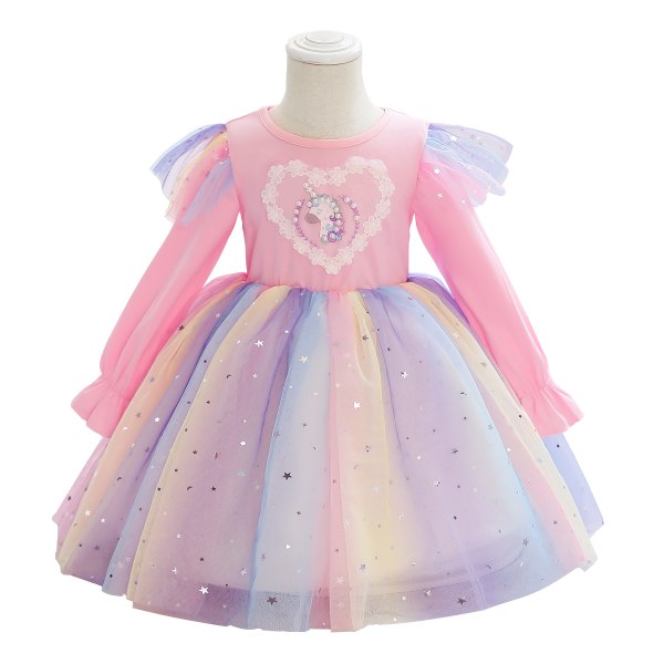 Girl Knitted Unicorn Star Rainbow Net Garn Princess Søt Kjole Pink