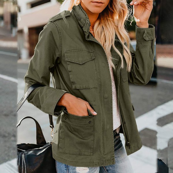 Kvinders lommer frakke trykknapper militærjakke Army Green 2XL