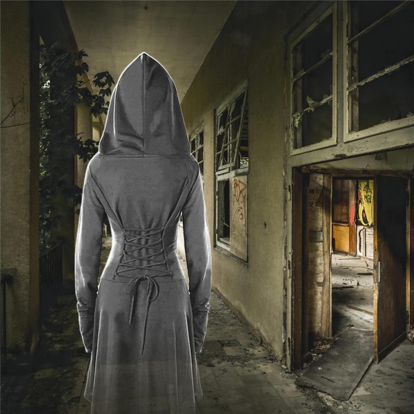 Naisten hupullinen mekko nauhalla Halloween Cosplay Cloak M grey S