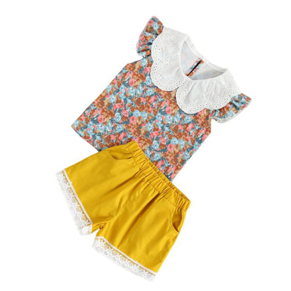 2 kpl Baby Summer Outfit Tyttö Printed Ruffle Top Lace shortsit Yellow 100cm