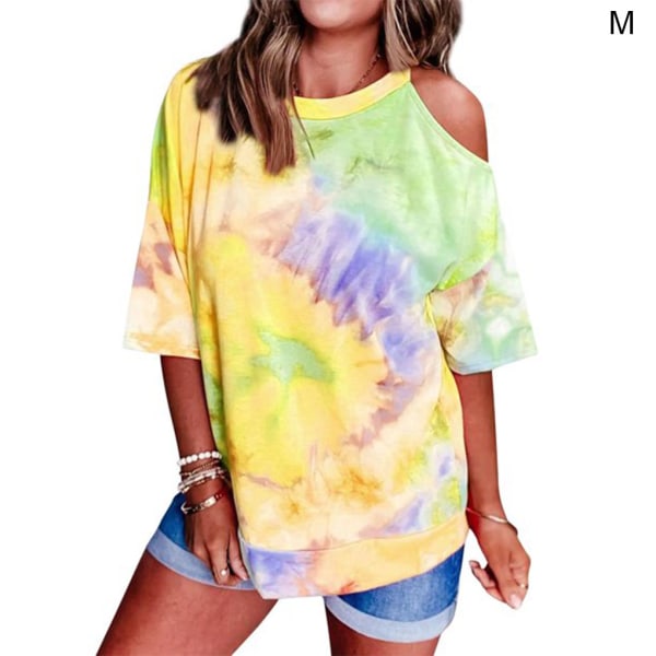 Dame T-shirt Tie-dye printet løs top kold skulder bluse Yellow M